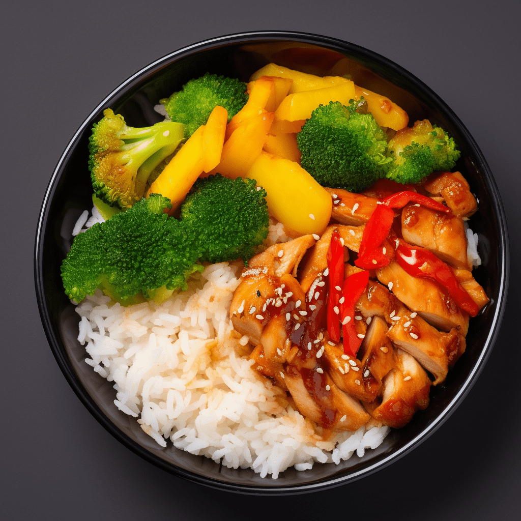 Kyckling Teriyaki med grönsaker och ris på en svart tallrik