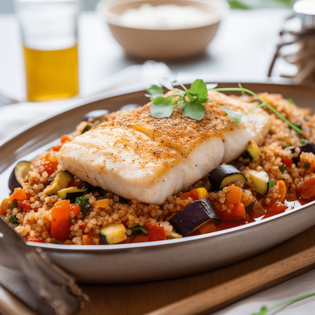 Fiskrecept provencale med ratatouille med bulgur serverad på en tallrik