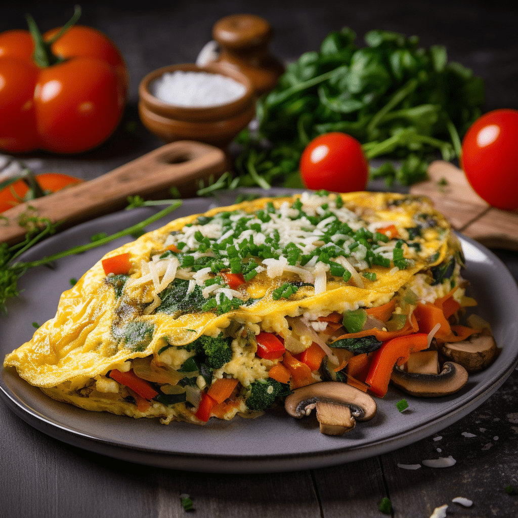 En gyllene omelett fylld med grönsaker och ost Caption: En proteinrik och smakrik omelett med grönsaker