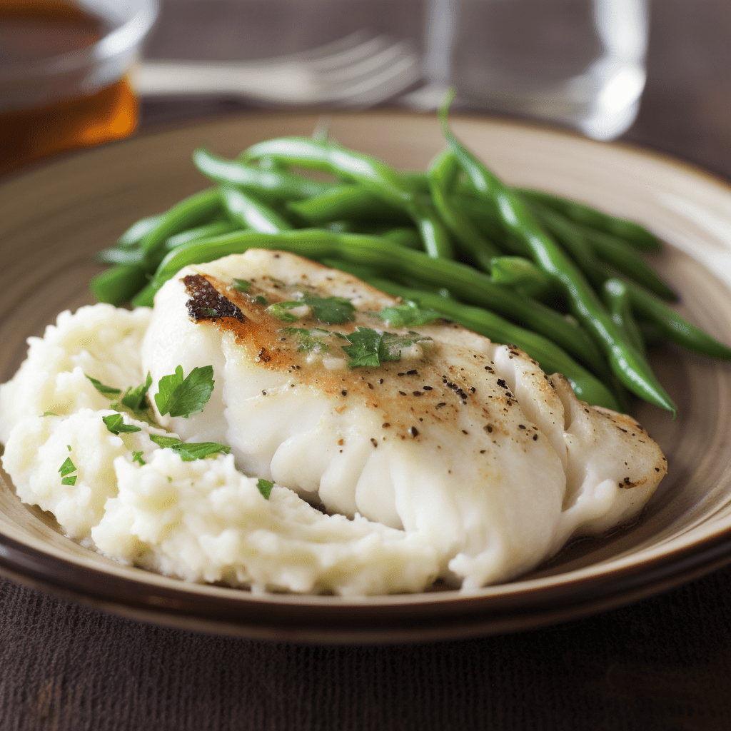 Fiskrecept Örtbakad vitfisk med potatismos serverad på en tallrik