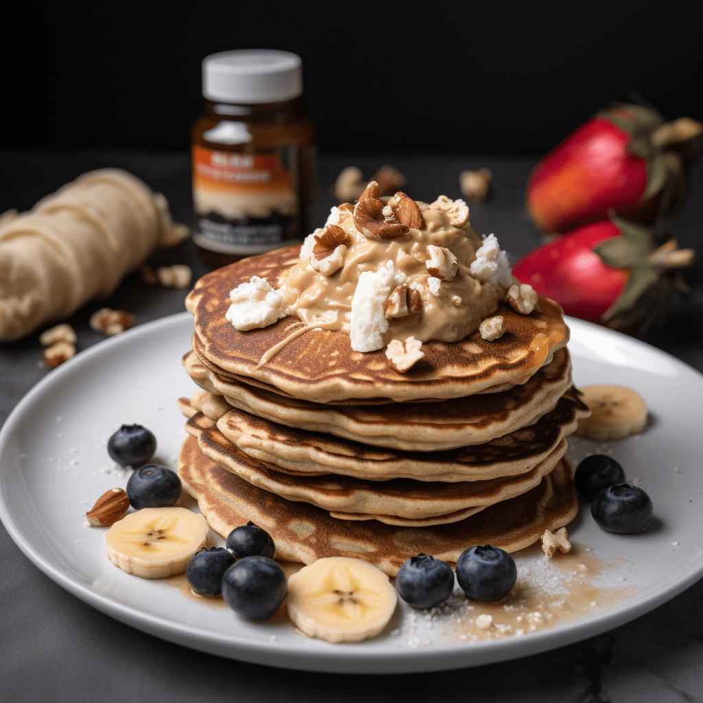 n tallrik med proteinpannkakor toppade med yoghurt och bär