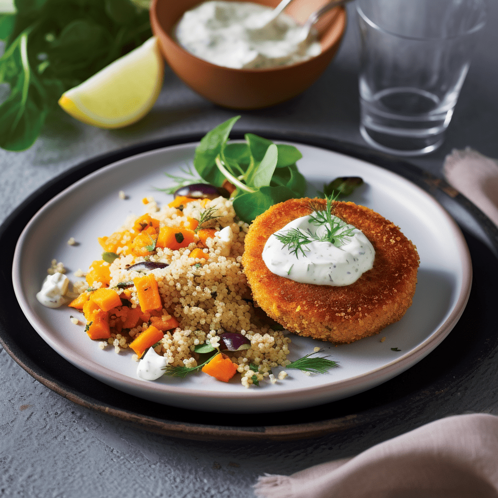 Fiskrecept sötpotatisfiskkakor med couscous och tzatziki servas på en tallrik