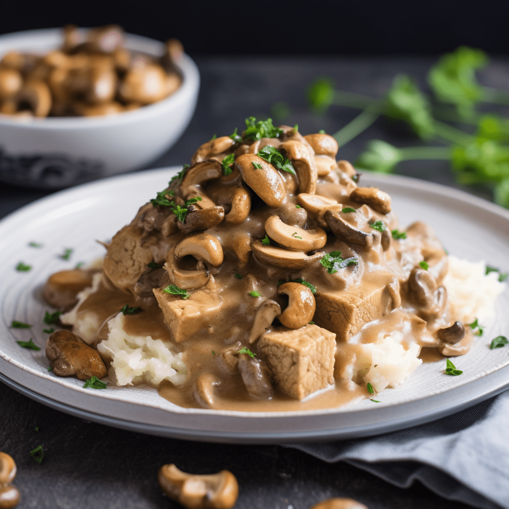 vegansk proteinrik stroganoff med tempeh som serveras med potatismos på en tallrik