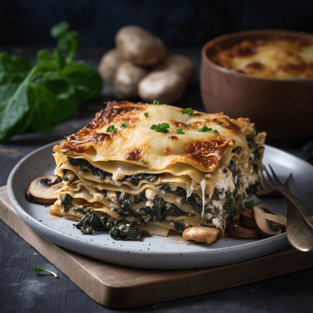 proteinrik Vegetarisk lasagne med spenat och champinjoner som serveras på en tallrik