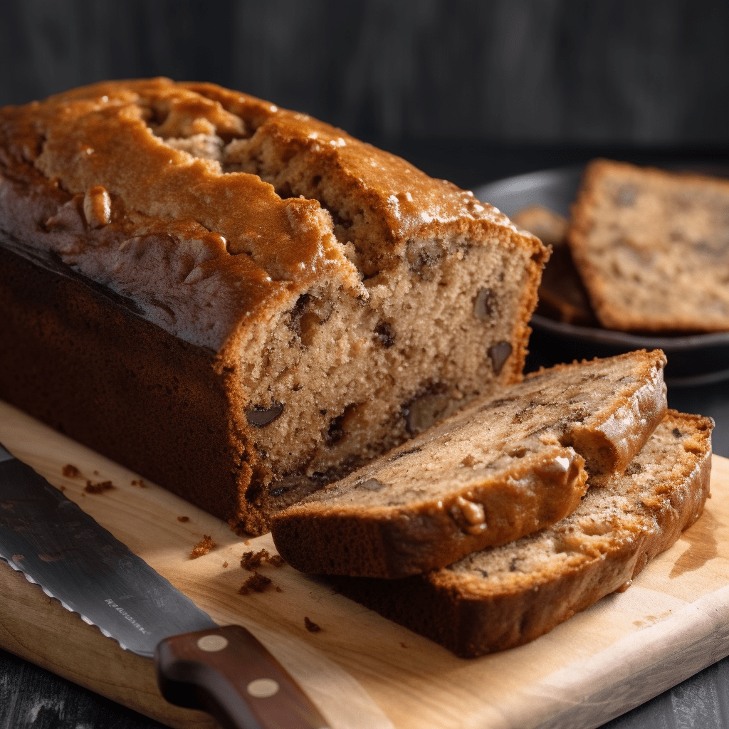 Nybakt bananbröd på en skärbräda