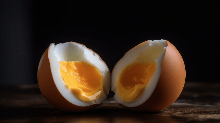 En närbild av ett kokt ägg skuret i hälften på en tallrik.