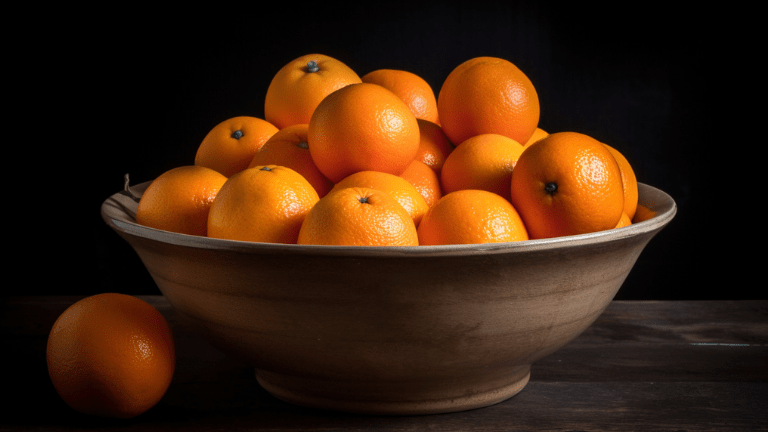 En skål med färska apelsiner på ett bord