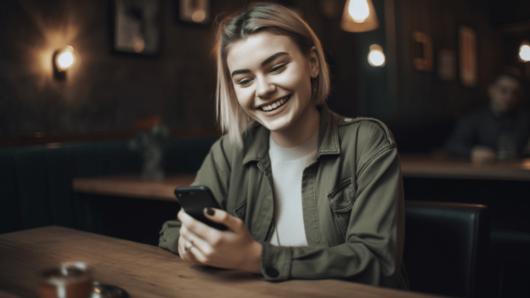 Glad kvinna använder kaloriräknare på mobiltelefon
