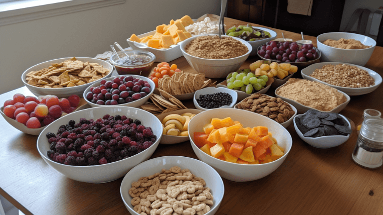 En bild på olika snacks som popcorn (luftpoppat, osaltat), rostade kikärtor, frukt- och nötbars, rostade linfrön, fruktskålar, mandelsmör, morotsskivor med hummus, nyponsoppa, äppelchips och havreflarn på ett bord.