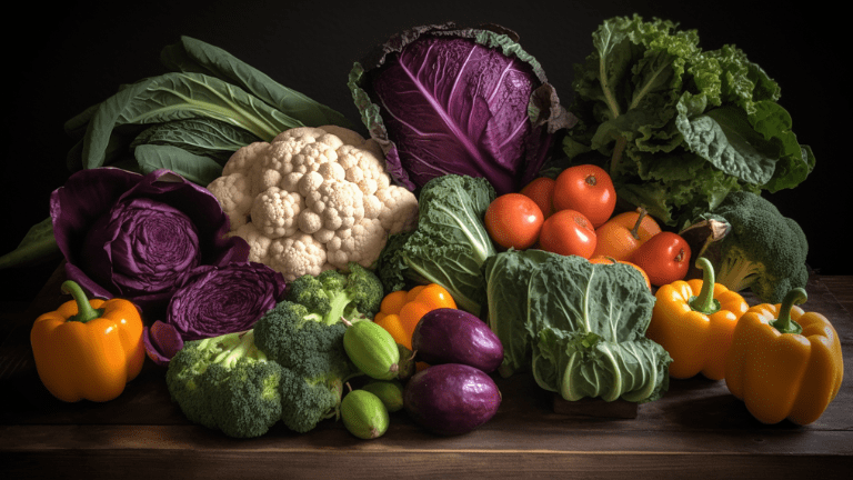 En bild på olika grönsaker som kål, broccoli, morötter, grönkål, blomkål, rödbetor, paprika, spenat, potatis (med skal) och zucchini på ett bord.