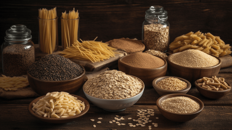 En bild på olika fiberrika spannmål som korn, råg, quinoa, havregryn, kamut, amaranth, bulgur, brunt ris, boveteflingor och fullkornspasta på ett bord.