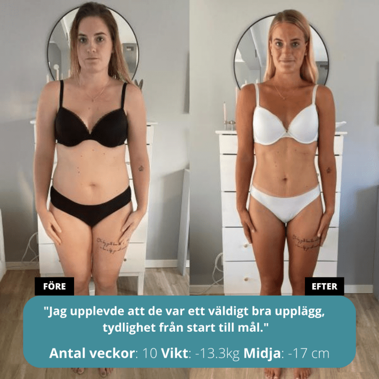 Före-och-efter-bild på Maria visar hennes framgång med viktnedgången och hennes minskade midja efter att ha följt 10-veckors programmet.