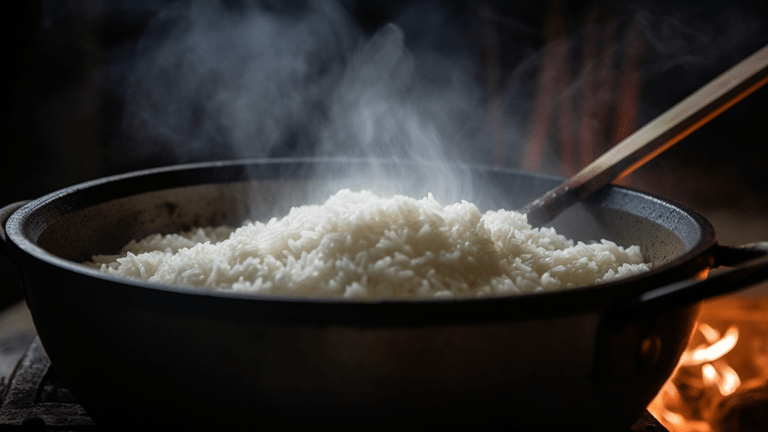 En kastrull med kokande ris på spisen