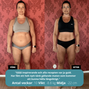 Före och efter bild av Helena visar hennes framgång med viktnedgången och det minskade midjemått efter att ha följt vårt 10 veckors program.