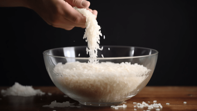En person sköljer ris i en stor skål fylld med vatten